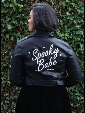 Collectif Black 'Spooky Babe' Faux Leather cropped jacket
